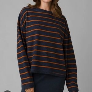 PrAna Women’s Striped Cozy Up Polmdale Sweater Top Blue Orange Shirt Size Small